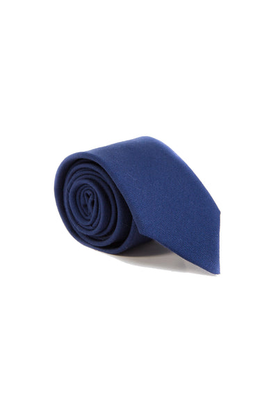 A neatly rolled, solid dark blue necktie called The Woollen Tie by Parisian is displayed on a white background.