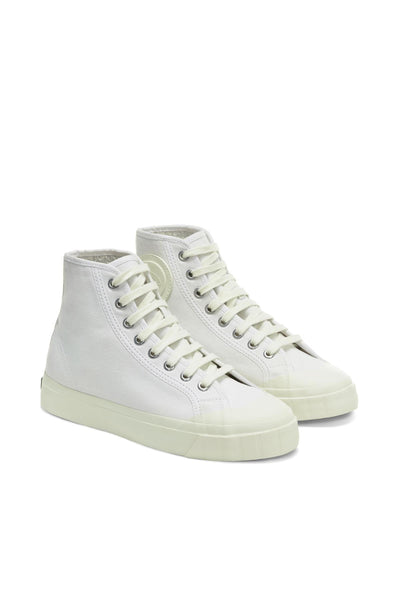 A pair of Superga Campinato Basket high-top white canvas sneakers by Superga, featuring cotton uppers and slightly off-white vulcanized rubber outsoles, displayed side by side on a plain white background.