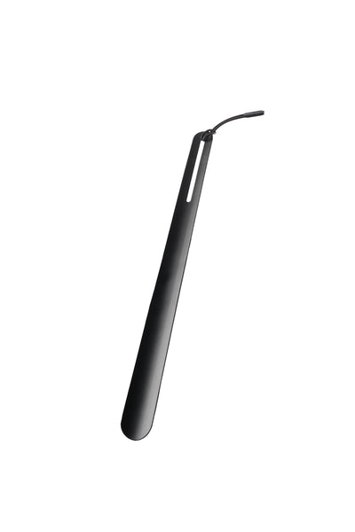 The Zone Metal Shoehorn - 45cm by Other is a black powder-coated metal shoehorn with a rounded end, slim handle, cutout, and hanging loop, shown on a white background.