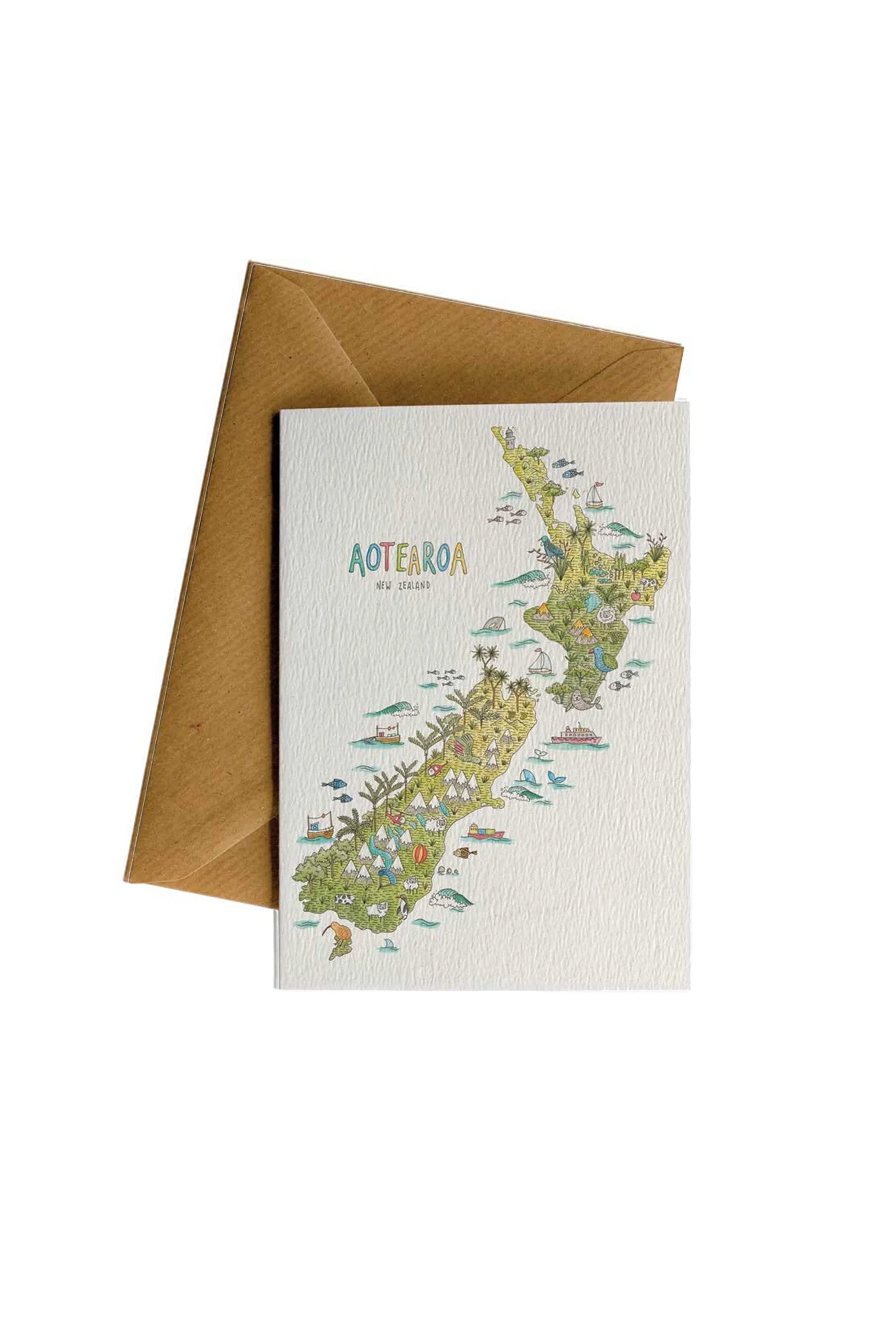 The Aoteroa Card by Other features a vibrant illustrated map labeled “Aotearoa New Zealand” and comes with a brown envelope. It's an eco-friendly greeting card, ideal for any occasion.