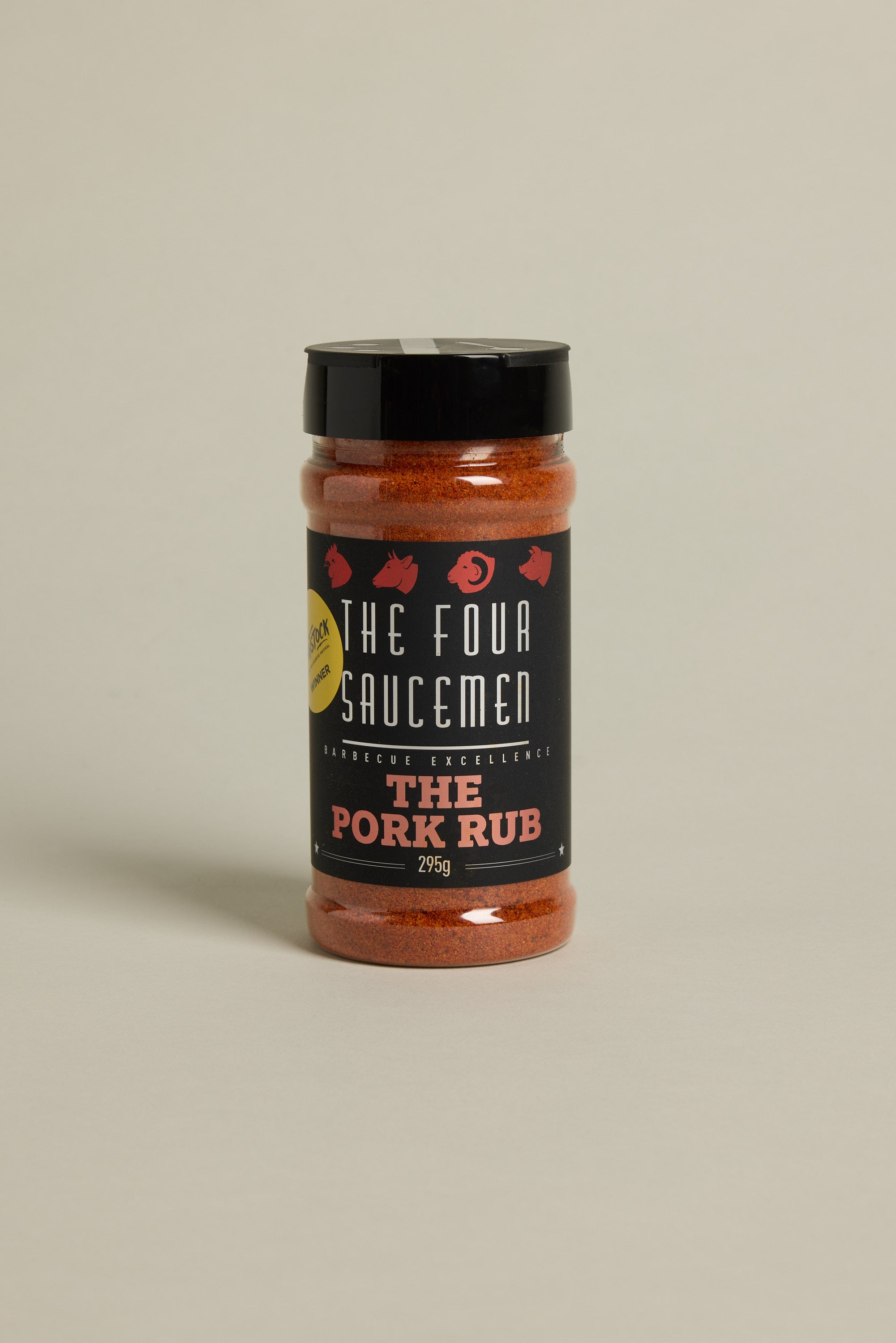 A 295g jar of Other The Pork Rub rib rub seasoning with a black label and red accents is displayed on a plain light beige background.
