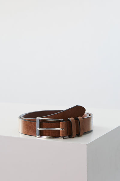 The Barkers Frances Leather Belt, featuring a brown leather strap and square buckle, is coiled neatly on a white surface with a plain light background.