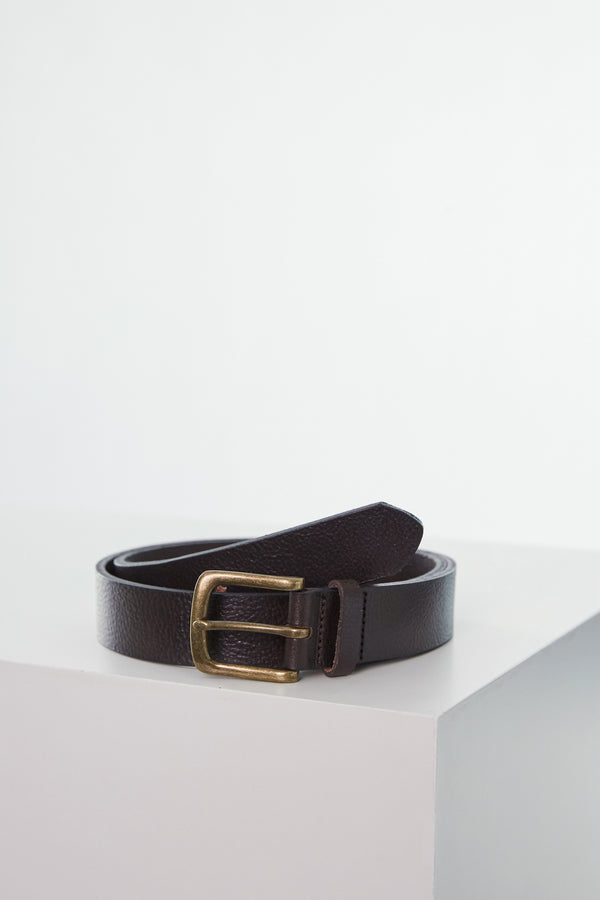 Barkers Baywood Tumbled Leather Belt with goldtone buckle, coiled on a white surface.