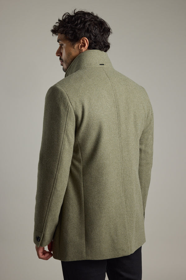 Man wearing Barkers Raymond Coat in light gray wool blend, seen from the back.