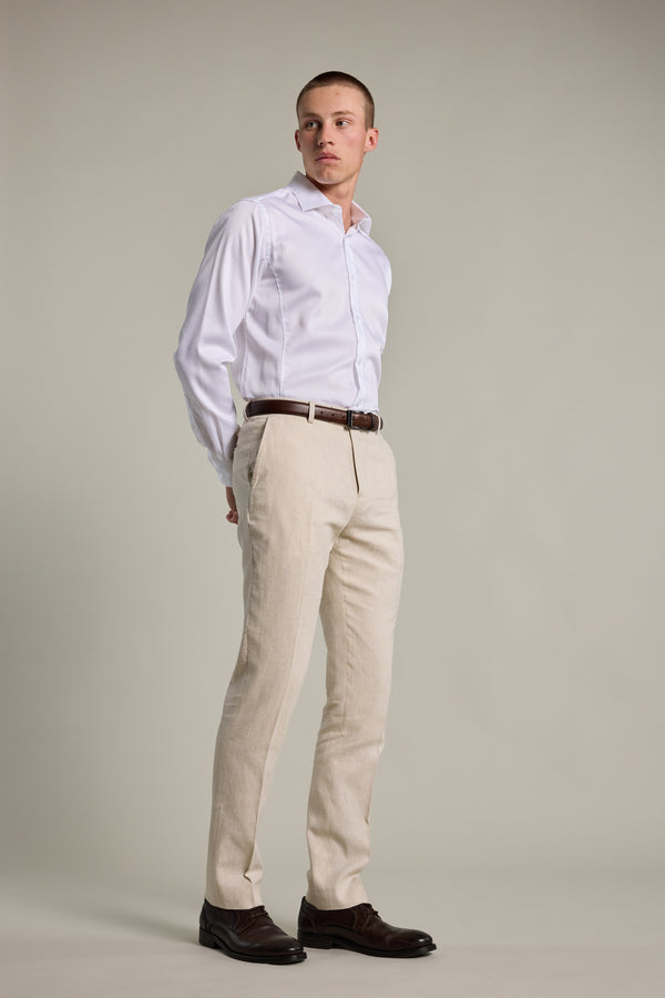 Man in Barkers William Texture Linen Pant, standing sideways against a plain background.