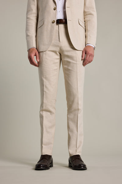 Man in Barkers William Texture Linen Pant, white shirt, dark brown shoes, standing upright.