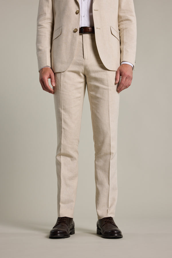 Man in Barkers William Texture Linen Pant, white shirt, dark brown shoes, standing upright.