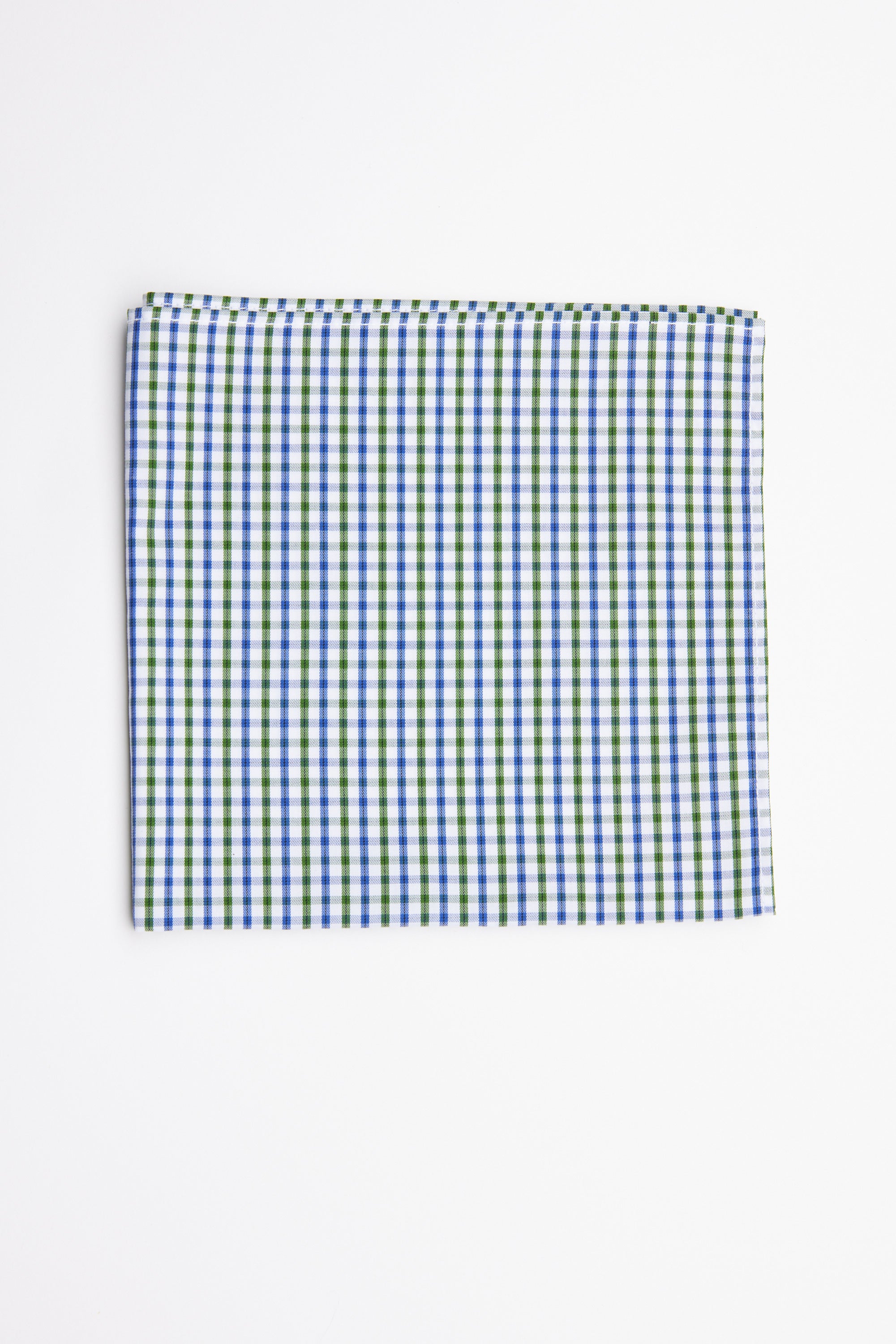 The Barkers Pinebrook Check Pocket Square, featuring a blue, green, and white gingham pattern, is neatly folded and displayed on a white background.