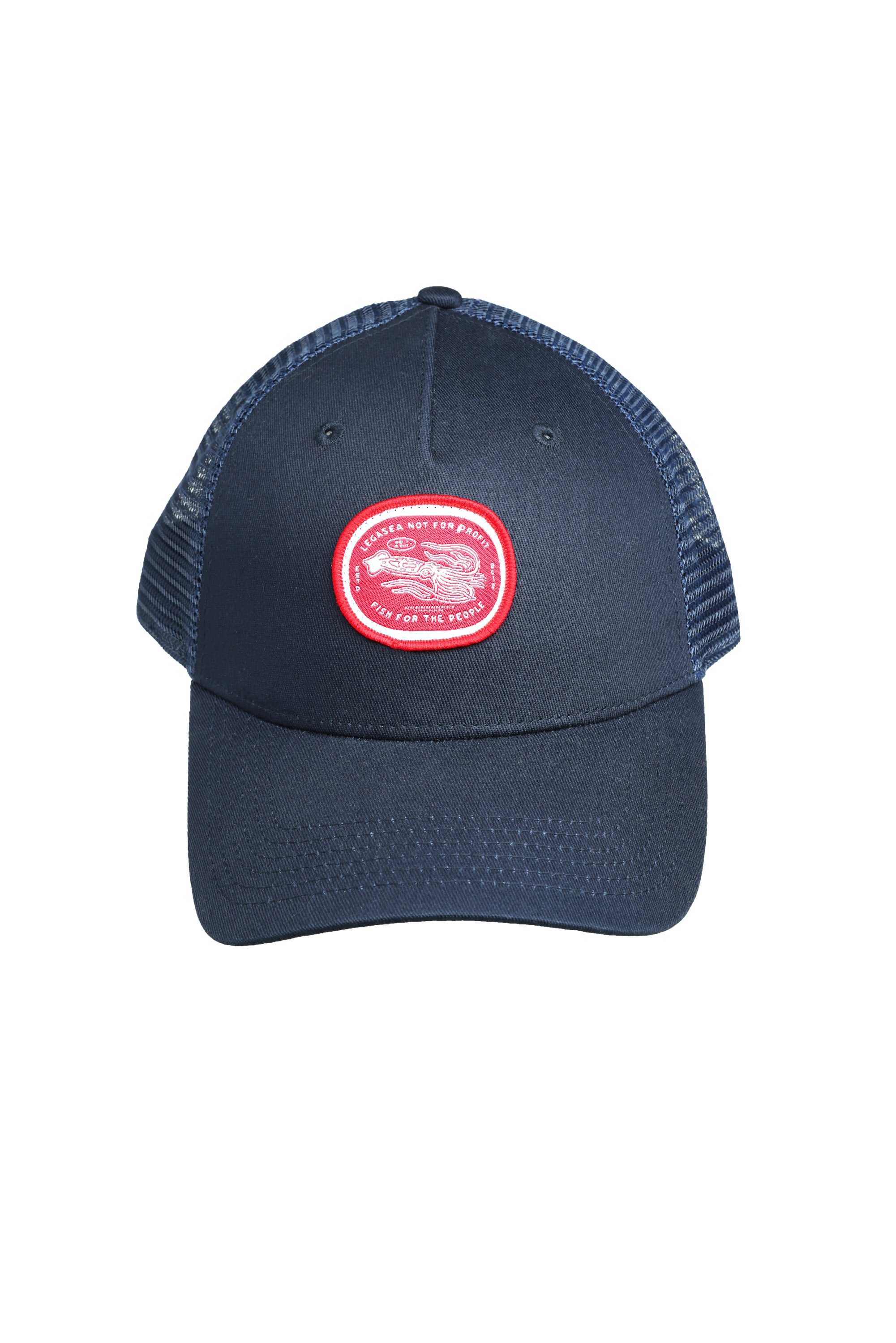 Legasea Squid Stamp Trucker Cap in navy, supporting NZ marine environment awareness.