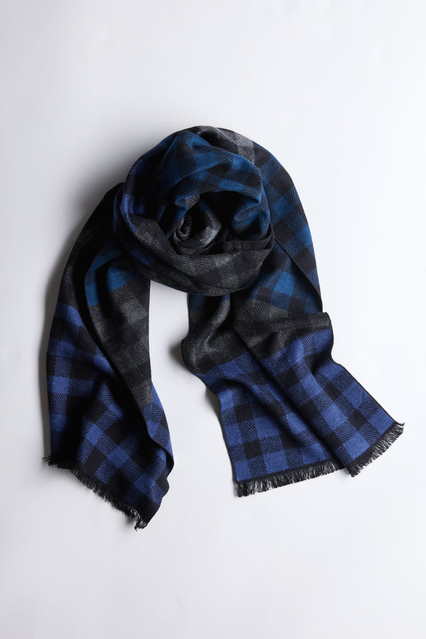 Barkers Harper Scarf in blue and black check with fringed ends, made from 100% rayon.