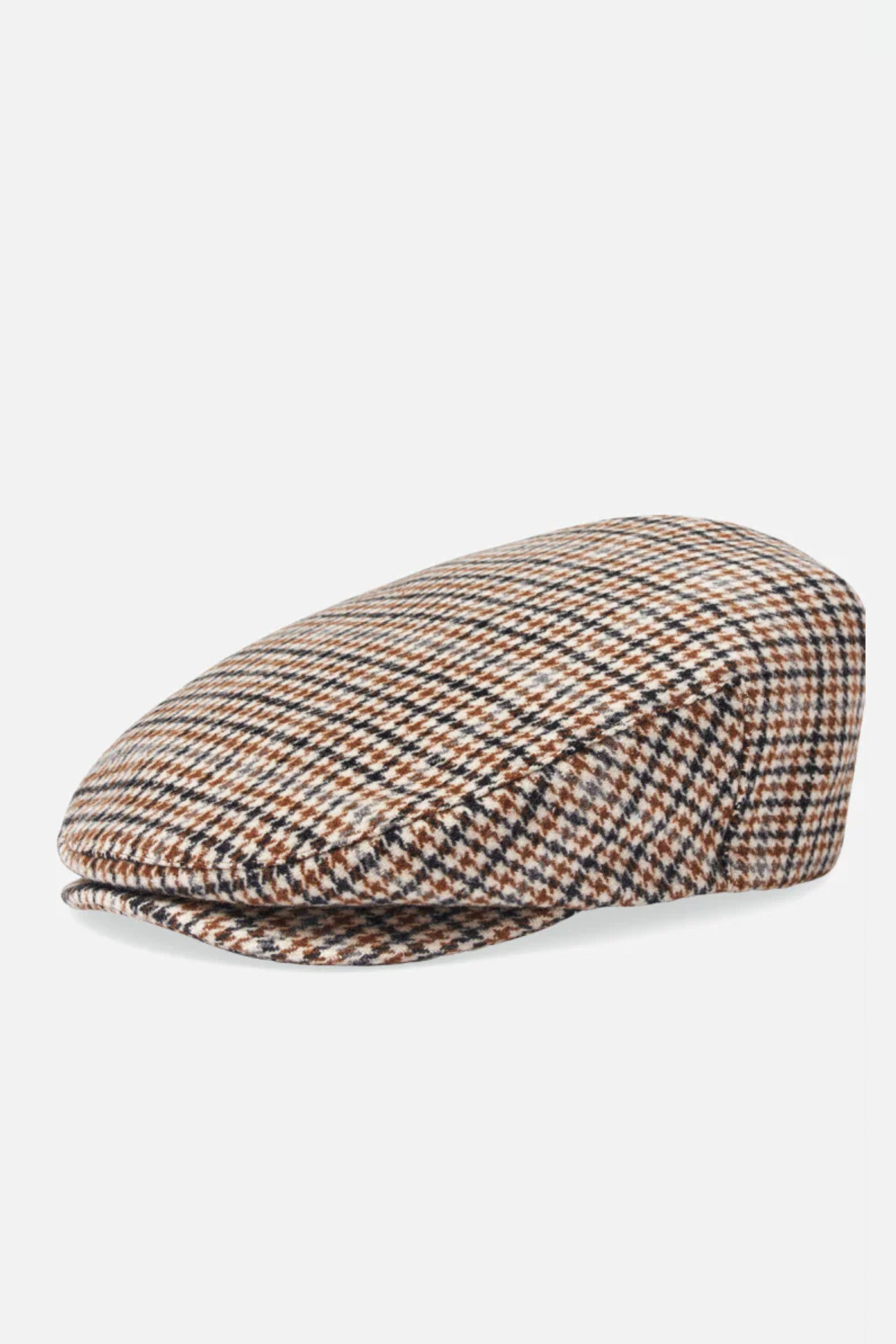 The Brixton Hooligan Snap Cap by Brixton is a flat cap with a brown, black, and white plaid houndstooth pattern, shown on a plain white background.