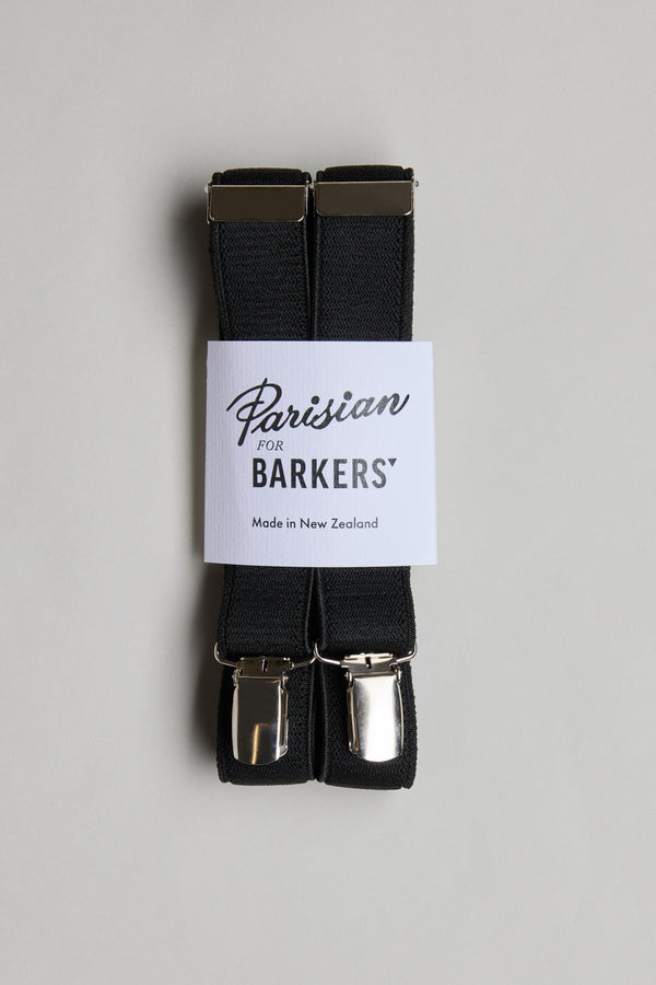 Parisian x Barkers Braces: black suspenders with silver clips and leather detail.