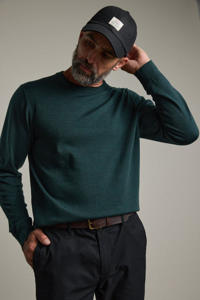 Man in Barkers Skyland ZQrx Merino Crew, showcasing ethical New Zealand merino clothing.