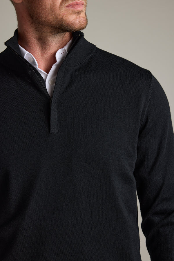 Man in a Barkers Skyland ZQRX Merino 1/4 Zip over a white shirt, facing left.