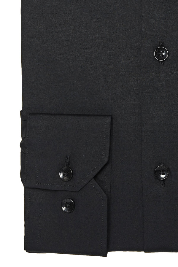 Close-up of the Barkers Tribeca Reg Cuff Shirt in black, featuring three front buttons and a folded cuff with two more. Made from 100% cotton, the fabric displays a smooth, matte finish.
