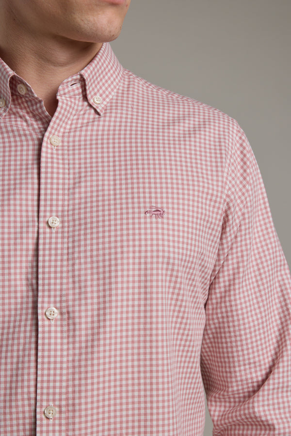 A person wearing the Barkers Courtland Check Shirt in pink and white checks with a small chest logo, shown from shoulders to waist against a plain background.
