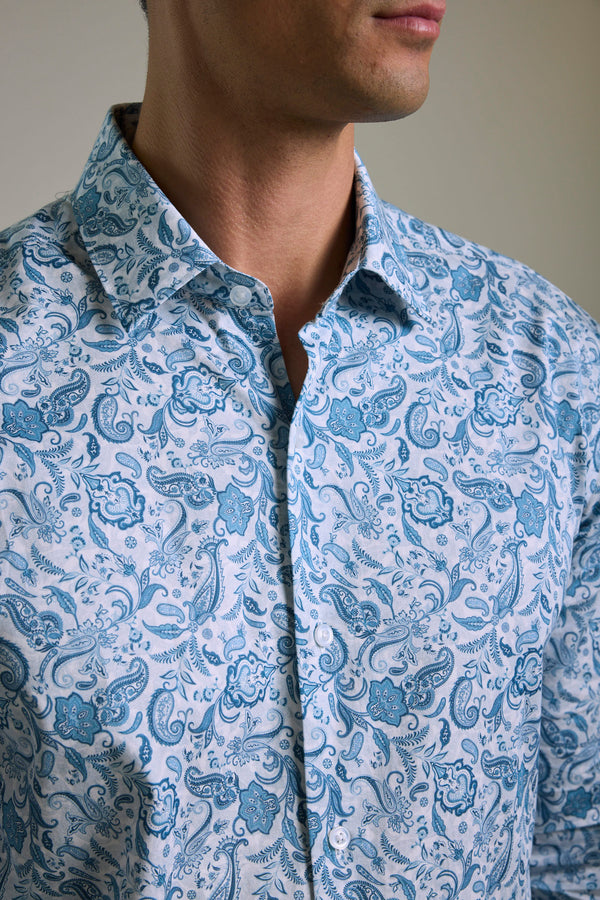 Man in Barkers Ronton Print Business Shirt, shown shoulders to chin.