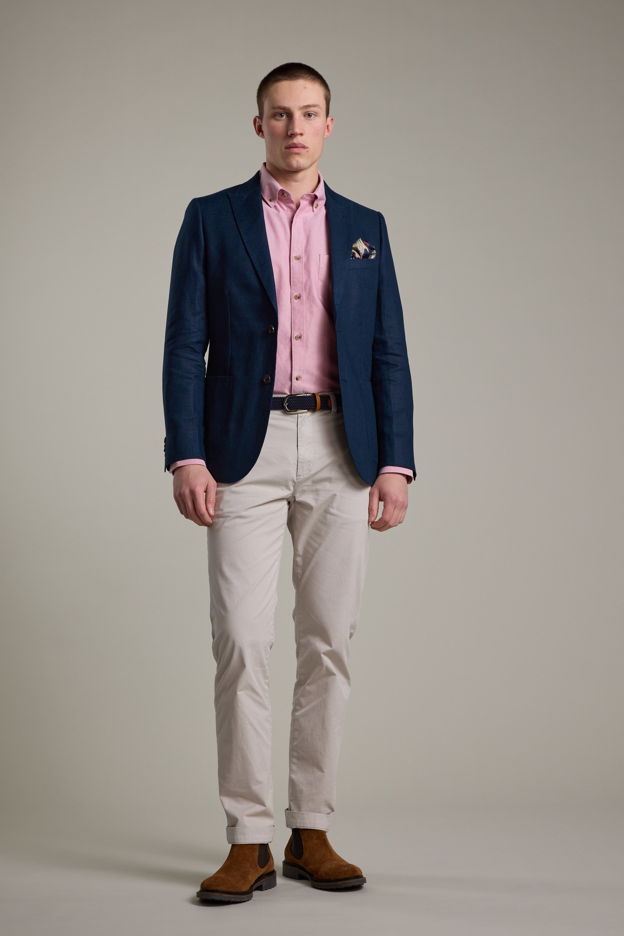 blue blazer khaki pants brown shoes