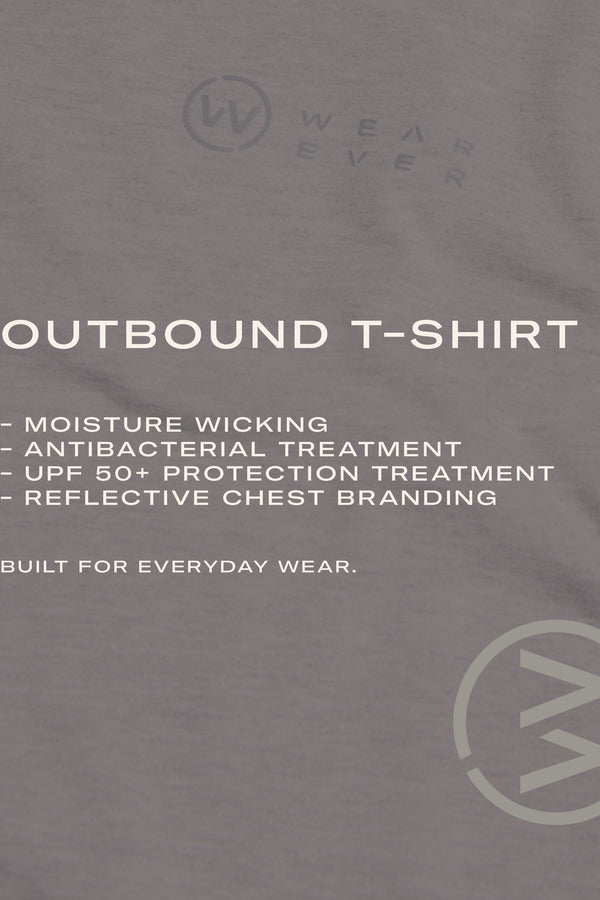 Text on a gray background reads: WearEver Outbound T-Shirt – This performance tee from WearEver features moisture wicking, antibacterial treatment, UPF 50+ sun protection, reflective chest branding, and two subtle circular logos.