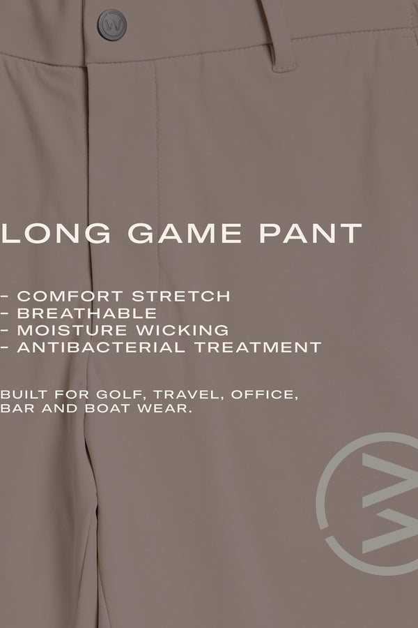 Close-up of WearEver Long Game Pant by WearEver: beige travel chinos with button and belt loop, made from quick-dry, comfort stretch fabric with moisture wicking and antibacterial treatment; perfect for golf, travel, office, bar, or boat.