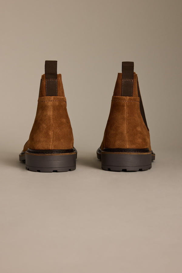 Back view of Barkers James Chelsea Boots in brown suede with dark pull tabs and rubber soles.