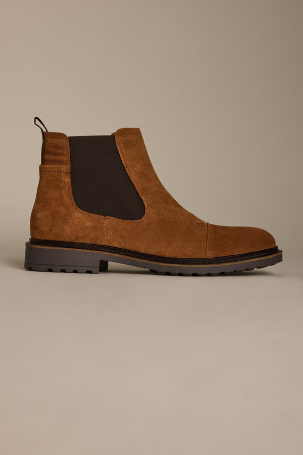 Barkers James Chelsea Boot: brown suede, black elastic panel, classic men’s style.