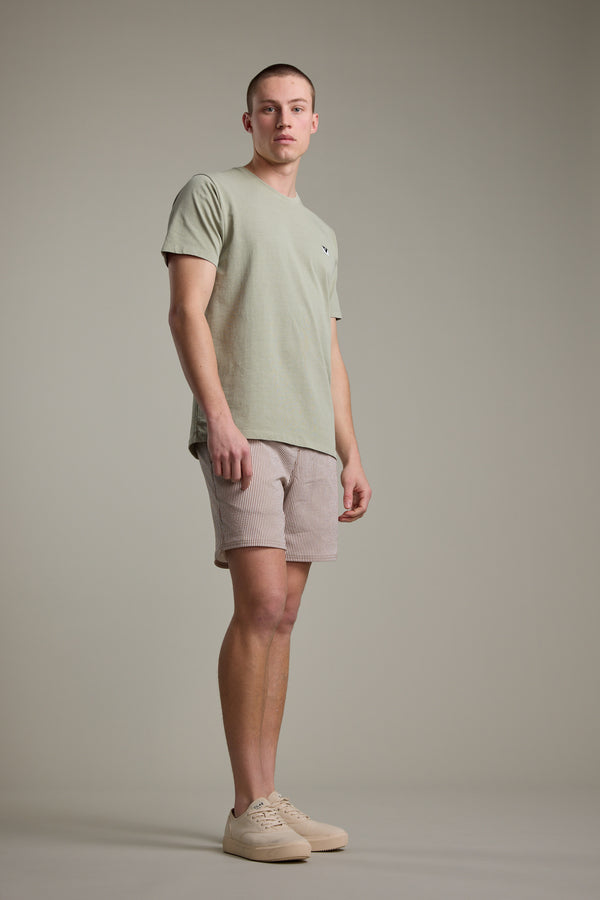 A man stands against a plain, light gray background wearing Barkers’ Dehaven Stripe Volley seersucker shorts in recycled polyester, a light green T-shirt, and beige sneakers. He faces slightly sideways with a neutral expression.