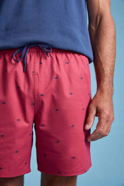 A person wears Barkers' Crayfish Print Volley—red swim shorts with small blue crayfish prints and a drawstring—paired with a blue shirt, standing against a light blue background. Only the torso and part of one arm are visible.