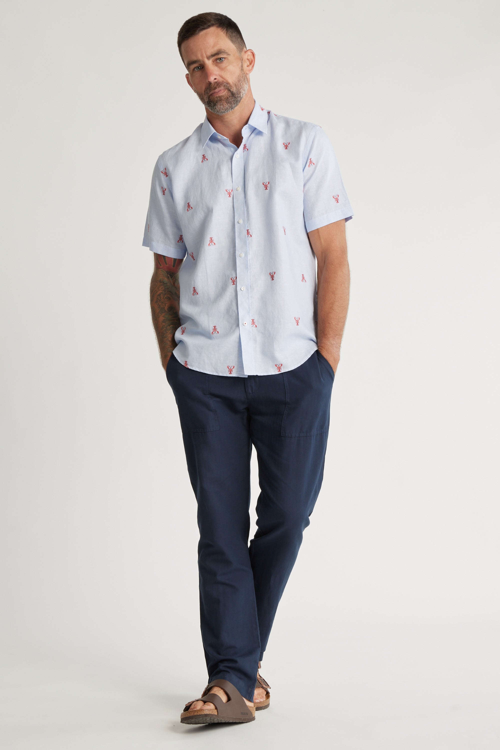 Barkers Crayton Embroidered Shirt in blue stripe, tailored fit