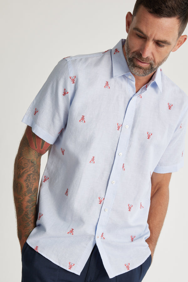 Barkers Crayton Embroidered Shirt in blue stripe, tailored fit, alternate view