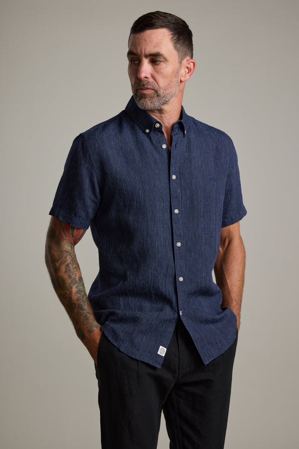 Barkers Gentry Striped Linen Shirt in navy, additional view
