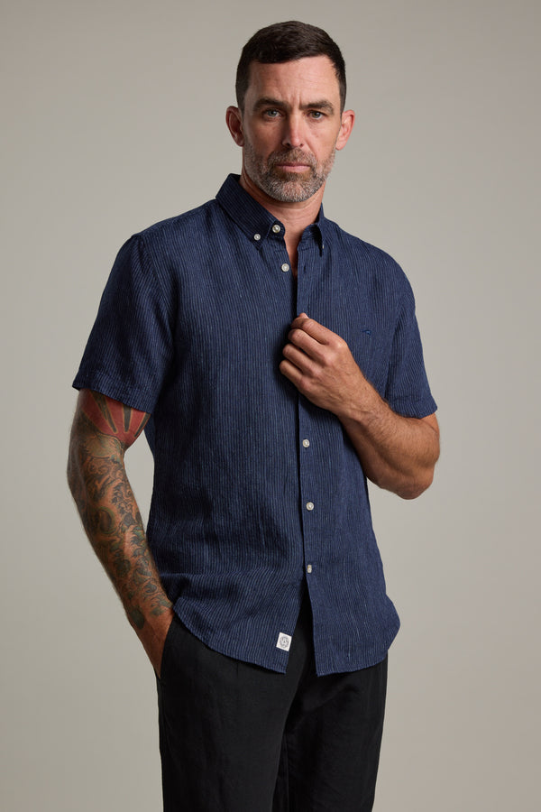 Barkers Gentry Striped Linen Shirt in navy, additional view