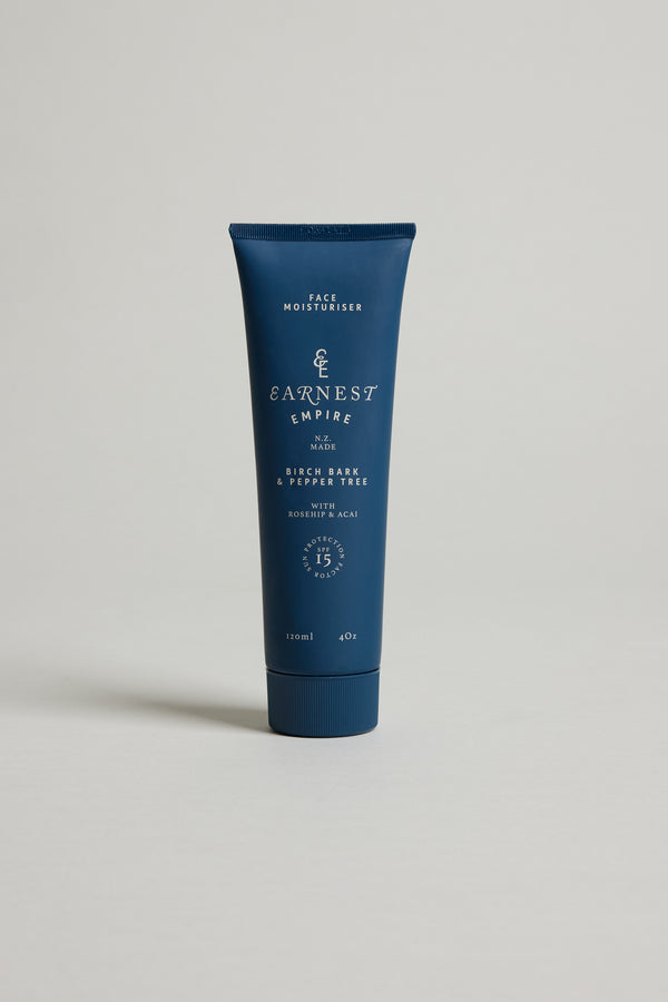 A blue tube of Other Earnest Empire SPF Moisturiser (120ml/4oz) stands upright on a light background. The label highlights birch bark and acai, ideal for sensitive skin, with SPF15 protection.