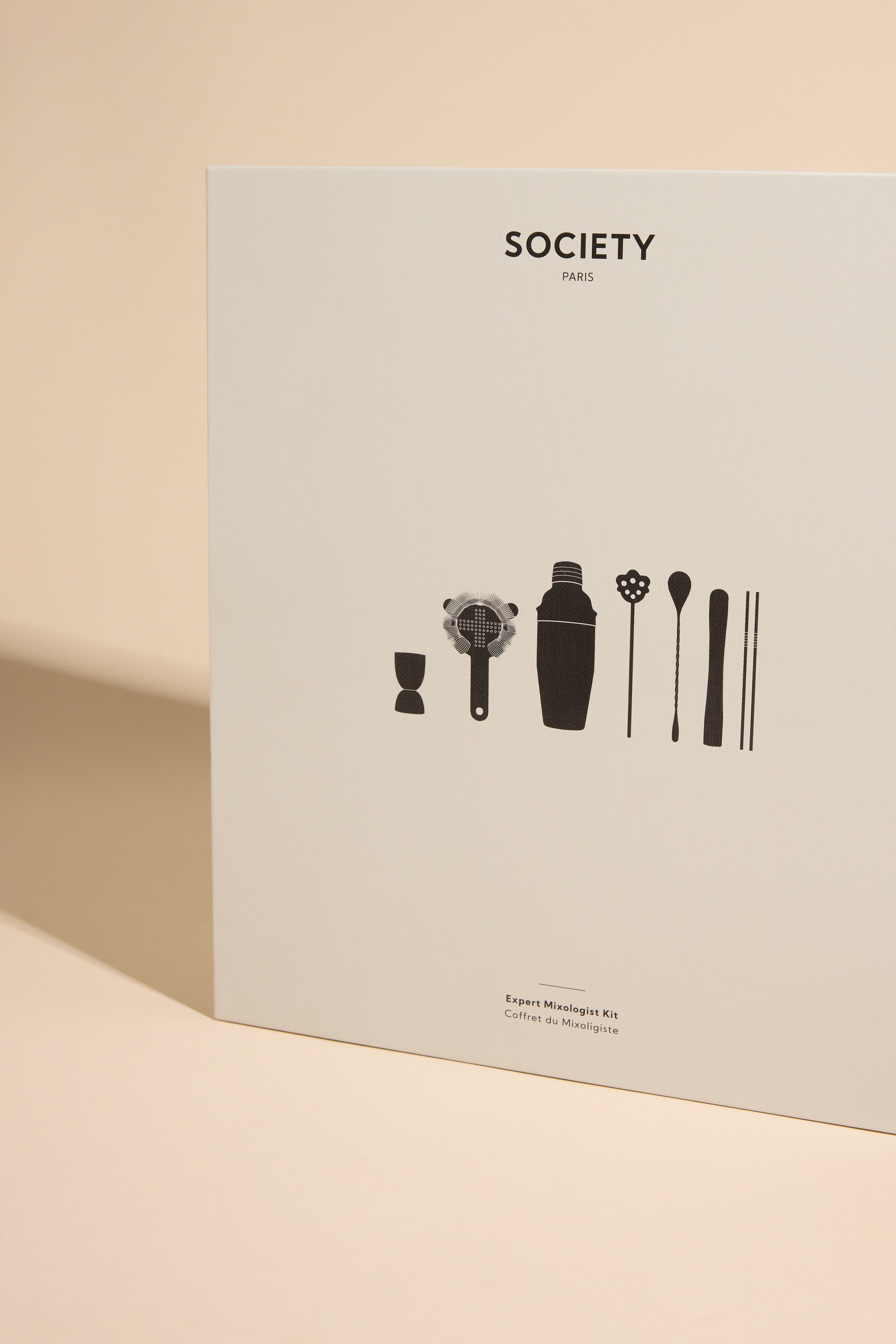 Society Paris Cocktail Mixologist Kit box with brand text and illustrations on a beige background.
