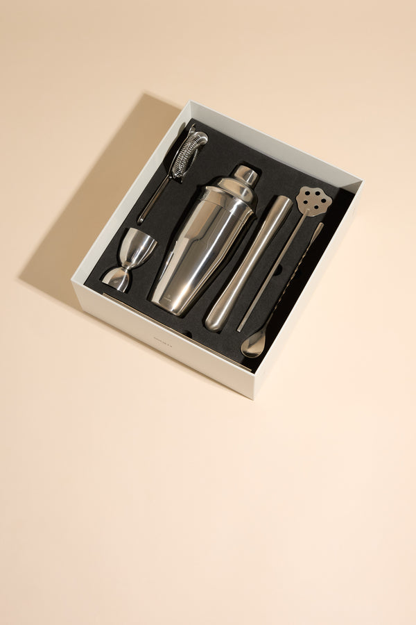 Society Paris Cocktail Mixologist Kit: six bar tools boxed, shown on a beige background.