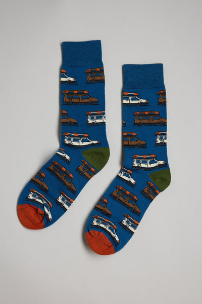 Barkers Campervan Sock: Blue cotton socks with red toes and heels, decorated with vintage cars and campervans—ideal for a quirky Secret Santa or Christmas gift.