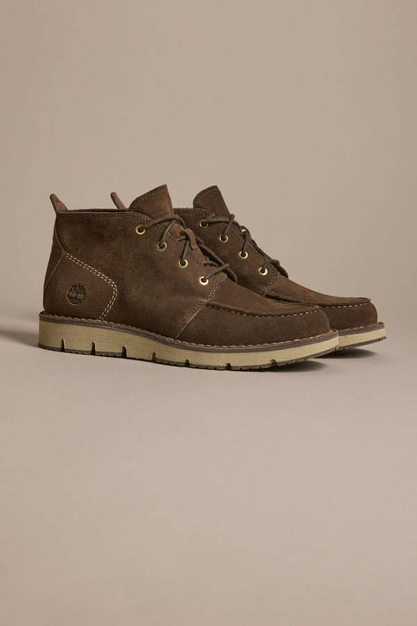 Timberland Mens Westmore Chukka Boot: brown suede, beige sole, SensorFlex comfort technology.