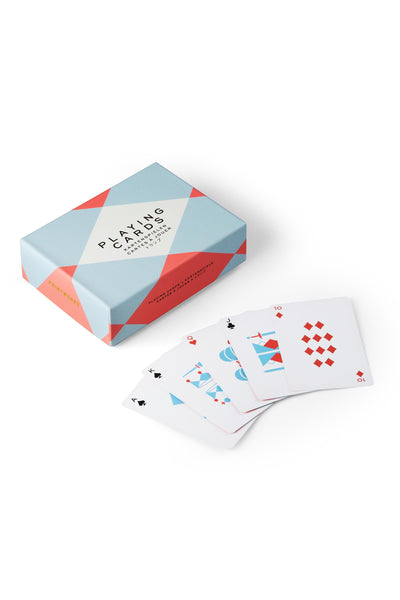 The Double Playing Cards Set by Other features a geometric patterned box and five face-up cards—ace of spades, king of spades, jack of clubs, queen and ten of diamonds—bringing stylish decor to any home on a white background.