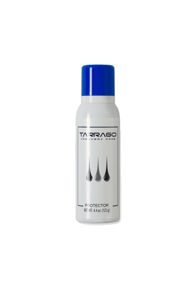 Tarrago Water Protector is a water repellent spray for shoe and sneaker care, packaged in a white bottle with a blue cap and three black water droplet icons on the label.