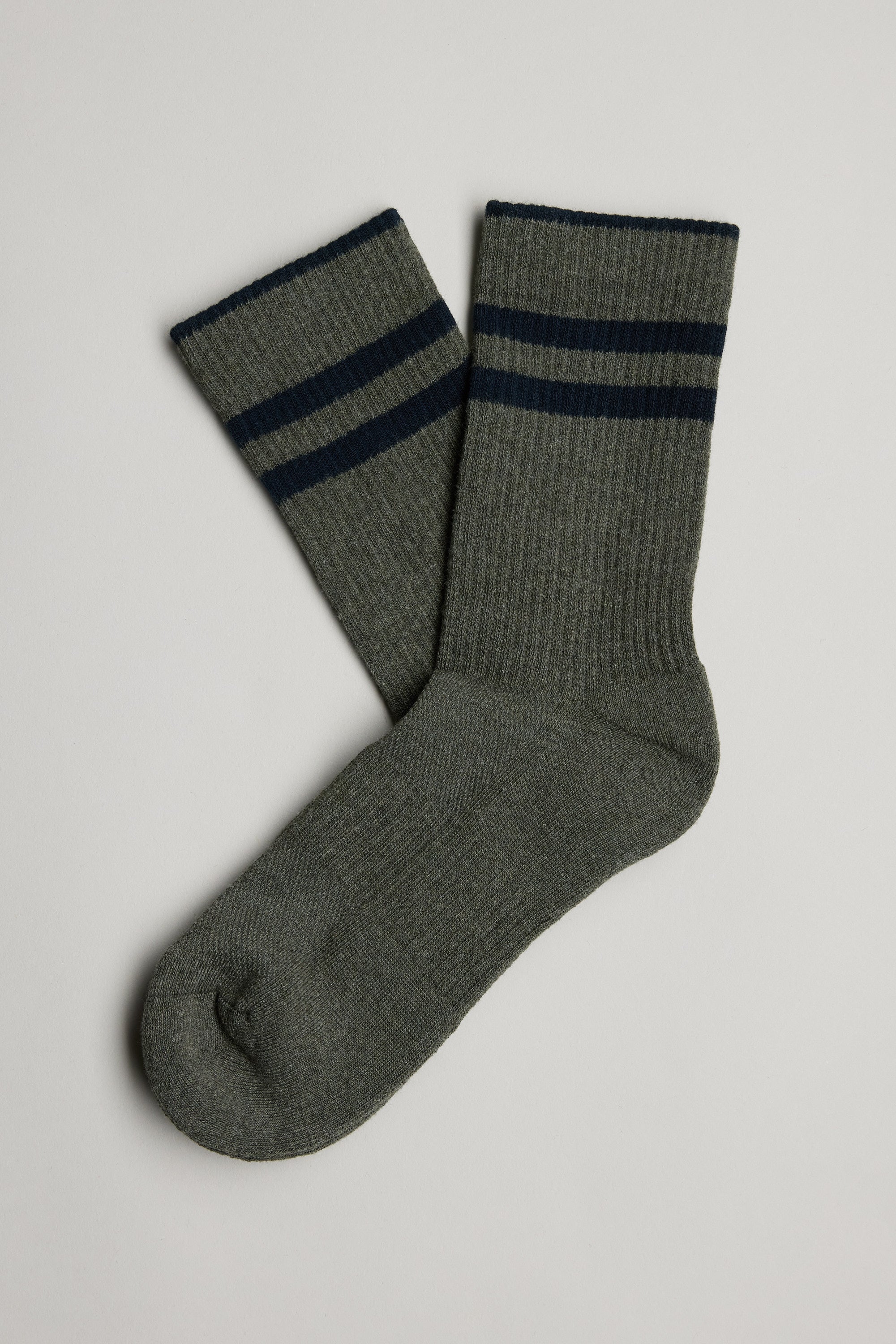 The Barkers Emerson Sport Sock is a gray ribbed pair featuring two dark navy stripes near the cuffs, shown flat on a light background.