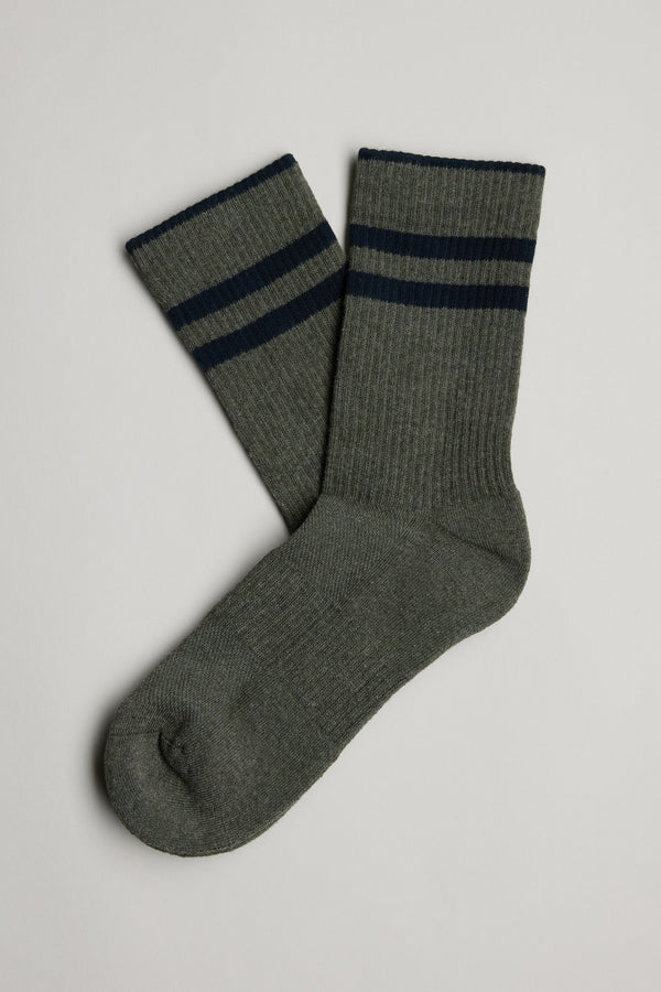 The Barkers Emerson Sport Sock is a gray ribbed pair featuring two dark navy stripes near the cuffs, shown flat on a light background.