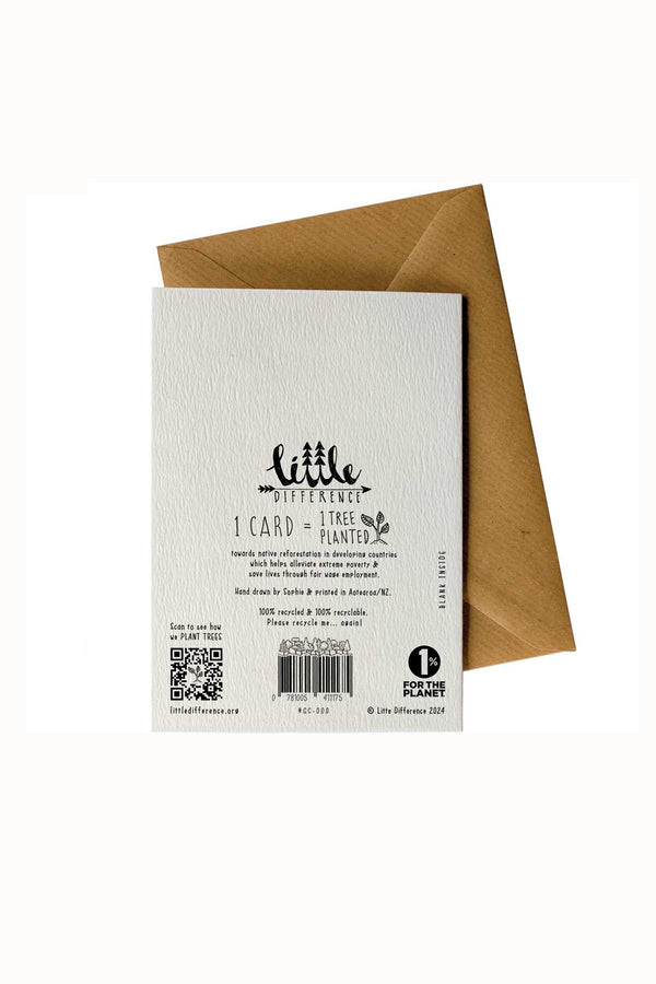 The Lumber Jack Card by Other is a recycled greeting card with a brown envelope, “1 card = 1 tree planted” message, eco-friendly details, QR code, barcode, and Ultra Difference 2024 logo—a thoughtful way to give back to nature.