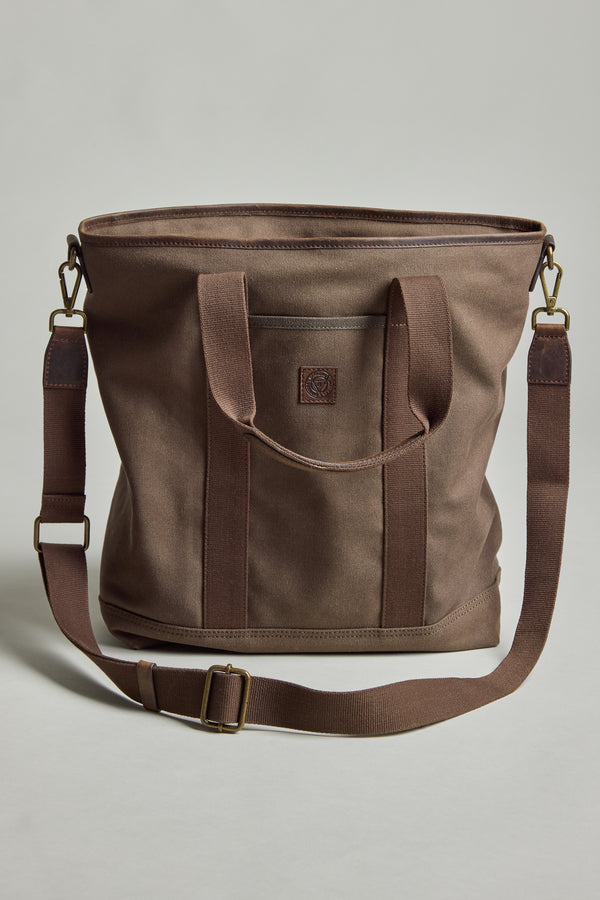 Barkers Foxton Canvas Convertible Tote: brown cotton, handles, front pocket, adjustable strap.