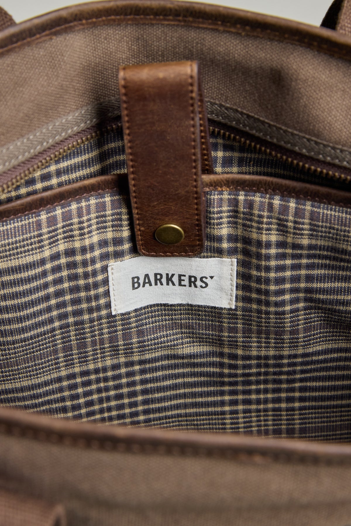 Foxton Canvas Convertible Tote by Barkers: brown plaid-lined bag, ideal as a laptop carrier.