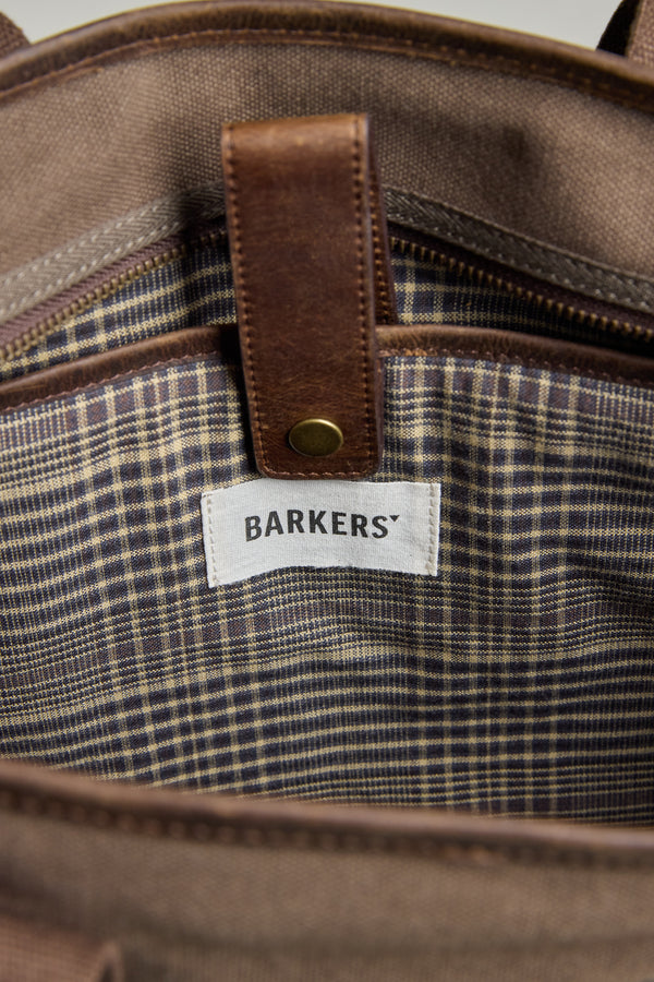 Foxton Canvas Convertible Tote by Barkers: brown plaid-lined bag, ideal as a laptop carrier.