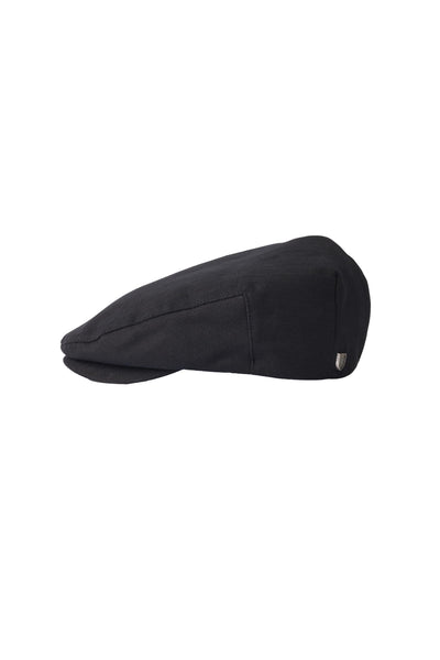 A black Brixton Hooligan Snap Cheesecutter hat, a vintage-inspired newsboy cap by Brixton, is displayed in profile on a plain white background.