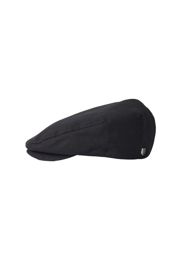 A black Brixton Hooligan Snap Cheesecutter hat, a vintage-inspired newsboy cap by Brixton, is displayed in profile on a plain white background.