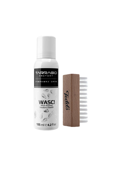 Tarrago WASC with Brush—a 125ml sneaker cleaner—stands next to a white-bristled brush with Teddis engraving, ideal for removing stains from your favorite sneakers.