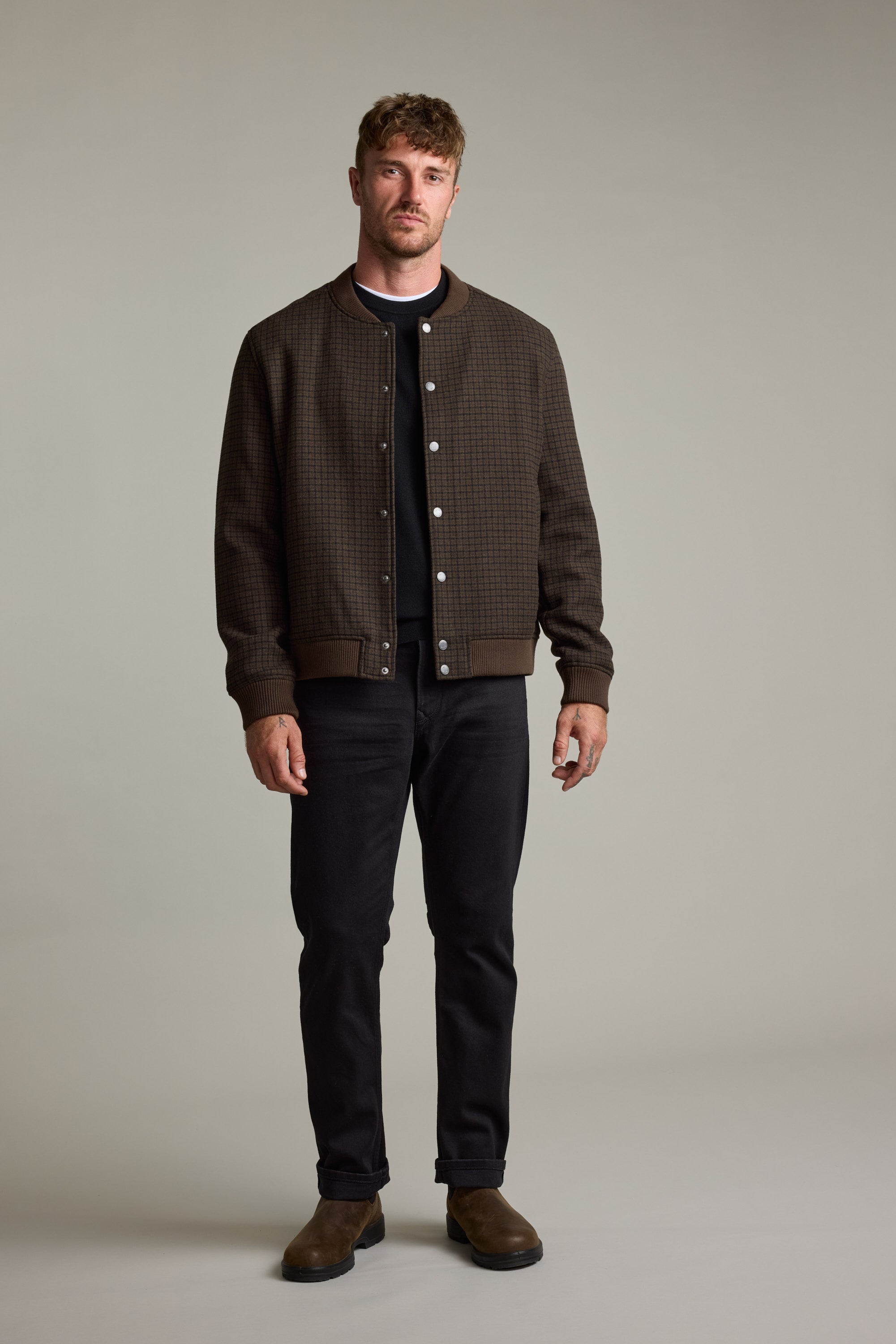Shop Leland Wool Bomber Jacket (BROWN CHECK) | Barkers