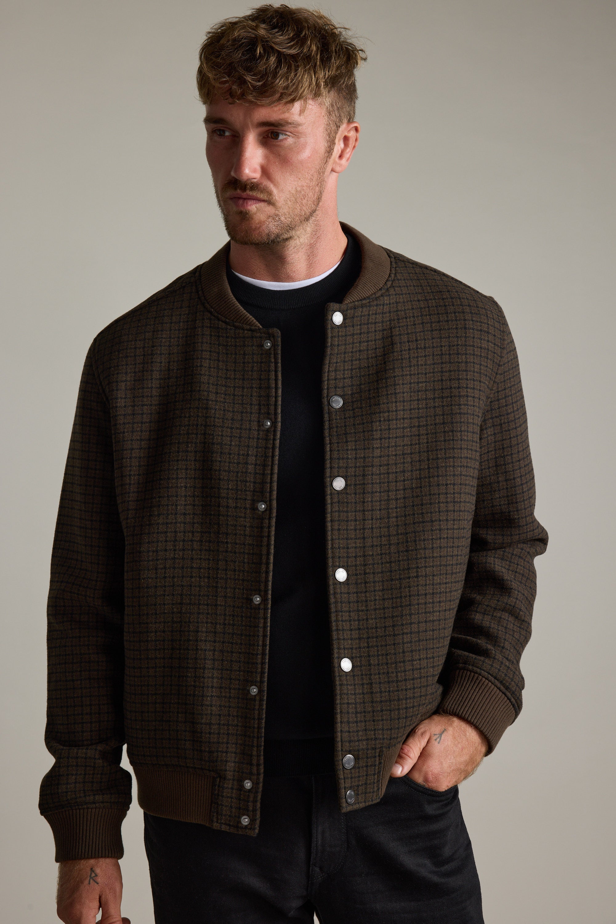 Shop Leland Wool Bomber Jacket (BROWN CHECK) | Barkers